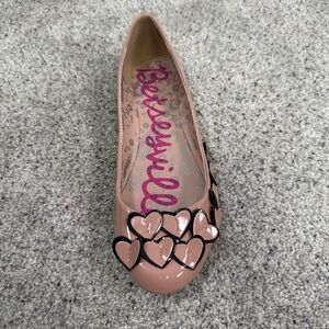 Betsey Johnson Nude Pink Patent Heart-Embellished Flat LEFT ONLY